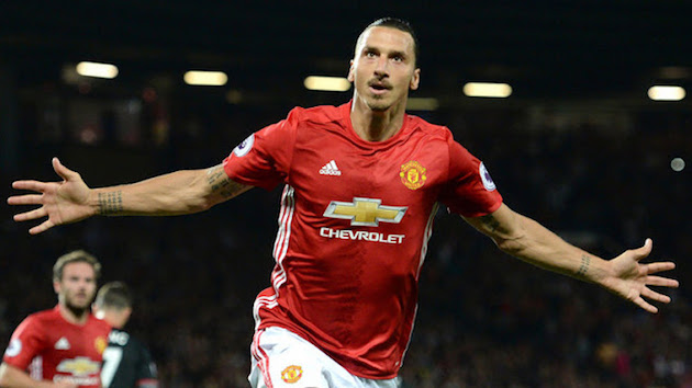 Manchester United striker Zlatan Ibrahimovic scores