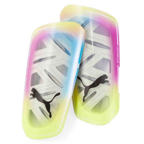 Puma Ultra Flex Sleeve Shin Guards – White & Black with Ocean Dive with Deep Orchid with Yellow Alert
