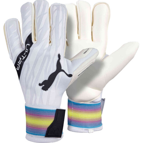 Puma Ultra Grip 1 Hybrid Pro Goalkeeper Gloves – White & Black with Spring Break with Deep Orchard with Yellow Alert