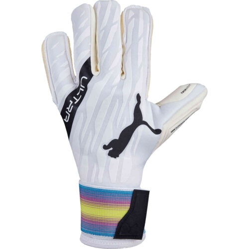 Puma Ultra Grip 1 Hybrid Pro Goalkeeper Gloves – White & Black with Spring Break with Deep Orchard with Yellow Alert