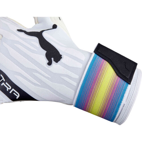 Puma Ultra Grip 1 Hybrid Pro Goalkeeper Gloves – White & Black with Spring Break with Deep Orchard with Yellow Alert