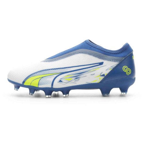 Kids PUMA Christian Pulisic Ultra Laceless Match FG – White & Lime Smash with Clyde Royal