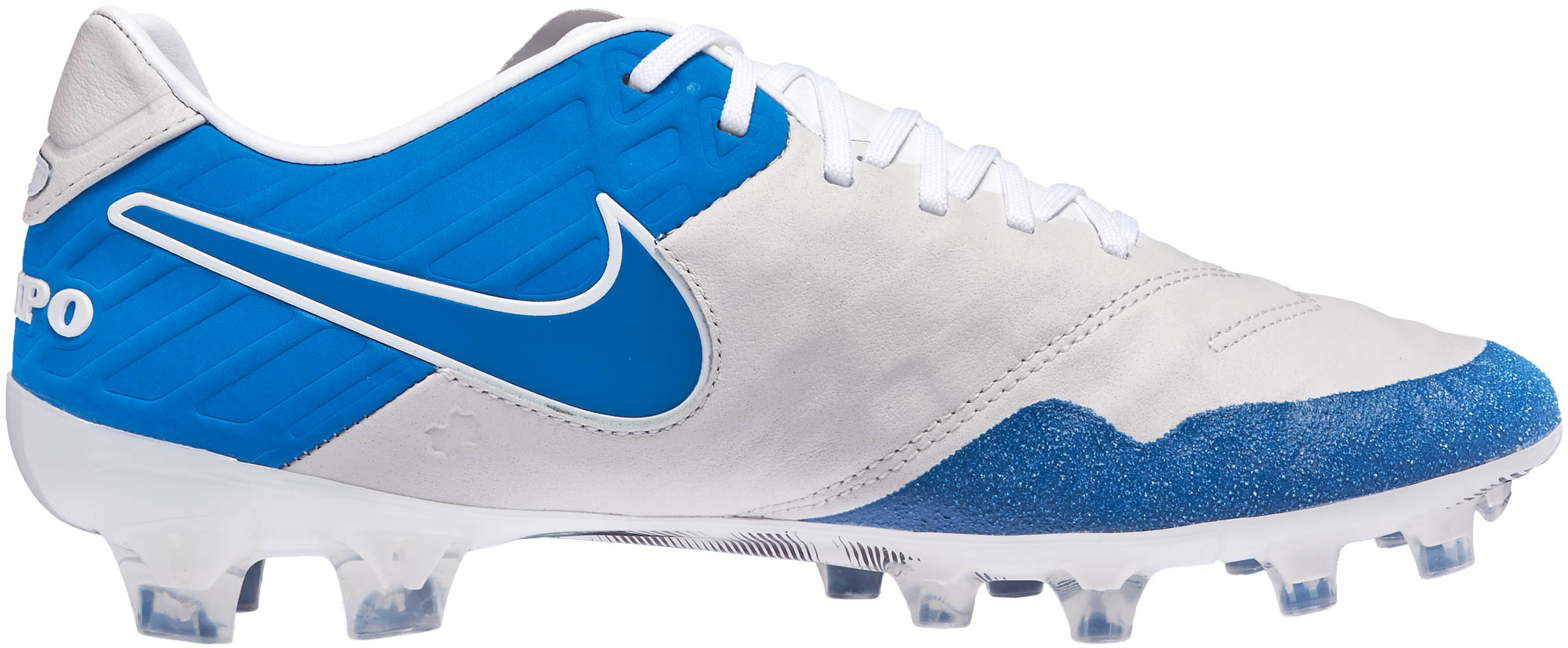 white and blue nike tiempo