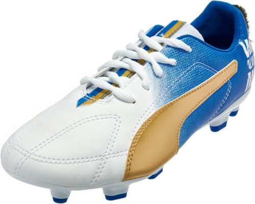 PUMA Kids MB 9 FG Soccer Cleats – White/Gold