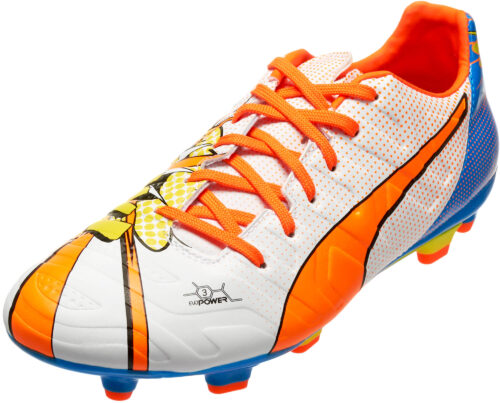 PUMA Kids evoPOWER 3.2 Graphic FG Soccer Cleats – White/Orange Clown Fish