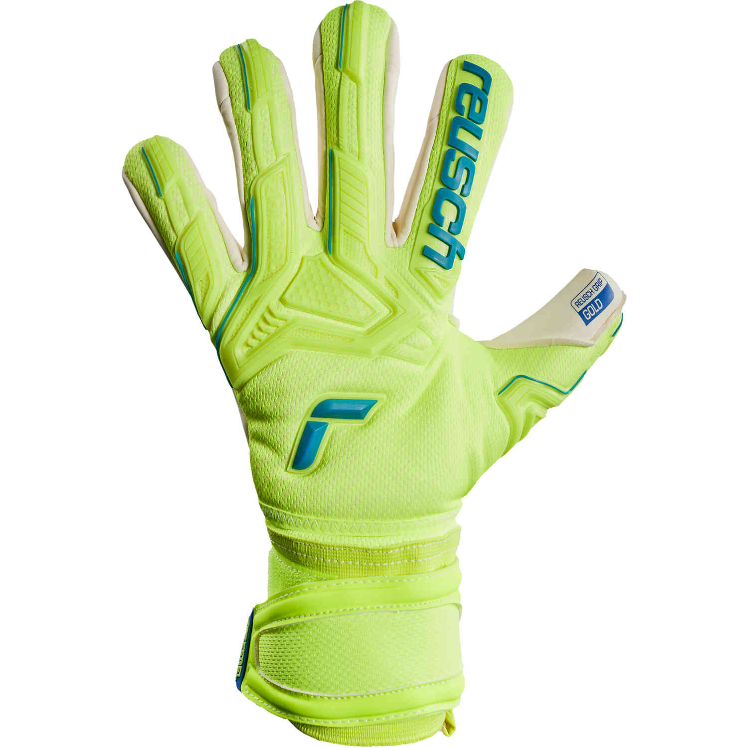 Reusch Attrakt Freegel Gold Finger Support Goalkeeper Gloves Safety Yellow Deep Blue SoccerPro