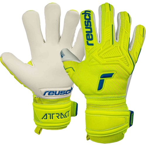 Kids Reusch Attrakt Freegel Gold Finger Support Goalkeeper Gloves – Safety Yellow & Deep Blue