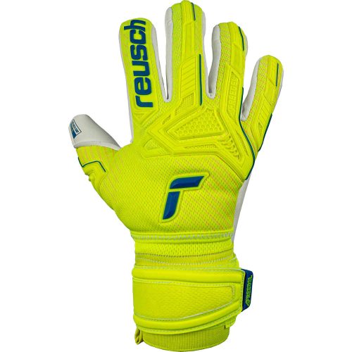 Kids Reusch Attrakt Freegel Gold Finger Support Goalkeeper Gloves – Safety Yellow & Deep Blue