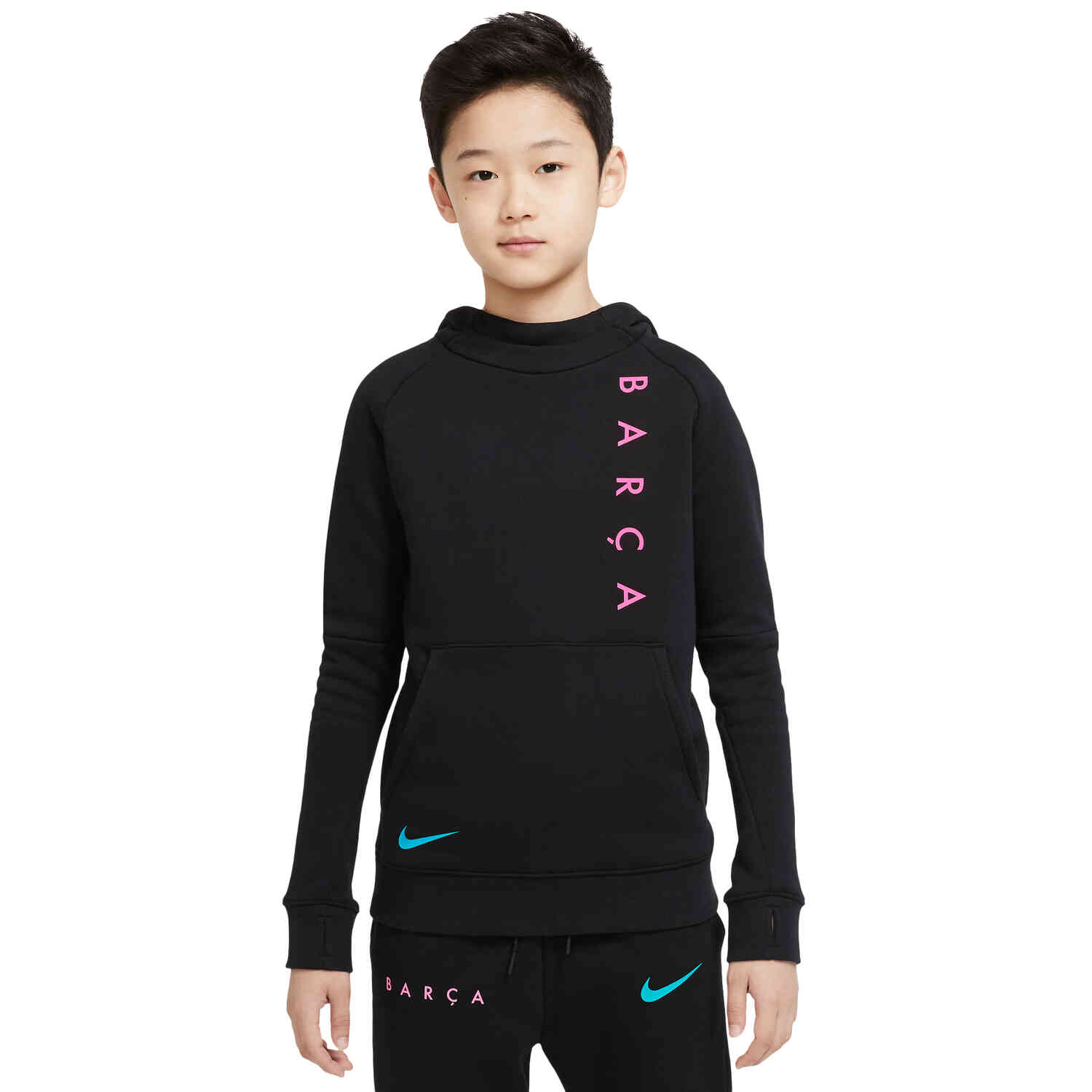 Kids Nike Barcelona Fleece Pullover Hoodie - Black/New Green/Pink Beam ...