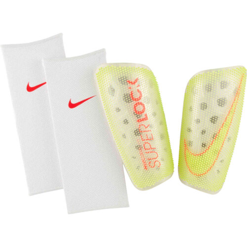 Nike Mercurial Lite Superlock Shin Guards – White & Volt with Bright Crimson