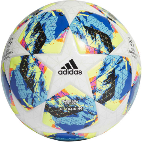adidas UCL Finale Top Trainer Soccer Ball – White & Bright Cyan with Solar Yellow with Shock Pink
