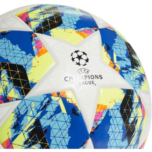 adidas UCL Finale Top Trainer Soccer Ball – White & Bright Cyan with Solar Yellow with Shock Pink