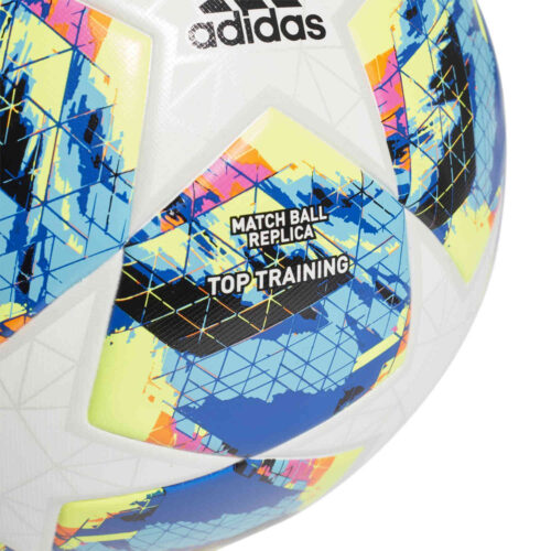 adidas UCL Finale Top Trainer Soccer Ball – White & Bright Cyan with Solar Yellow with Shock Pink