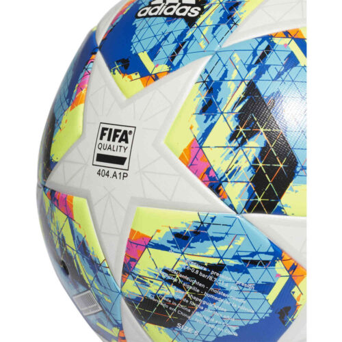 adidas UCL Finale Top Trainer Soccer Ball – White & Bright Cyan with Solar Yellow with Shock Pink