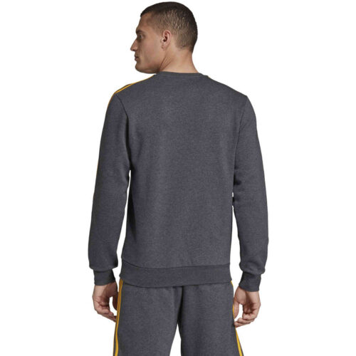 adidas Essentials Lifestyle 3-Stripes Fleece Crew – Dark Grey Heather/Active Gold