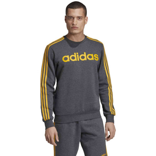 adidas Essentials Lifestyle 3-Stripes Fleece Crew – Dark Grey Heather/Active Gold