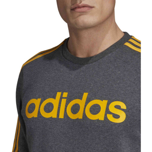 adidas Essentials Lifestyle 3-Stripes Fleece Crew – Dark Grey Heather/Active Gold