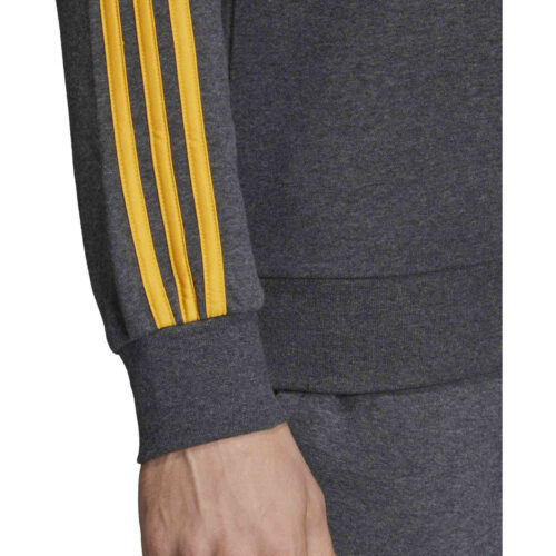 adidas Essentials Lifestyle 3-Stripes Fleece Crew – Dark Grey Heather/Active Gold