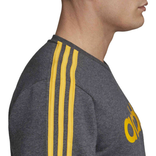 adidas Essentials Lifestyle 3-Stripes Fleece Crew – Dark Grey Heather/Active Gold