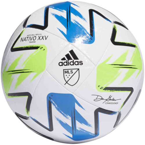 adidas MLS Training Soccer Ball – White & Solar Green with Glory Blue with Silver Metallic