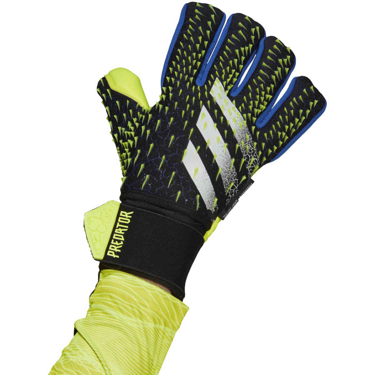 adidas Pro Ultimate Fingersave Negative Cut Goalkeeper Gloves - Black & Team Royal with Solar Yellow SoccerPro